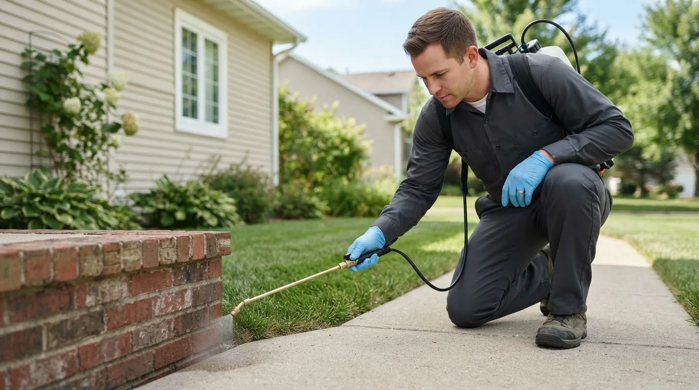 Pest control technician treating a home near Lubec, ME